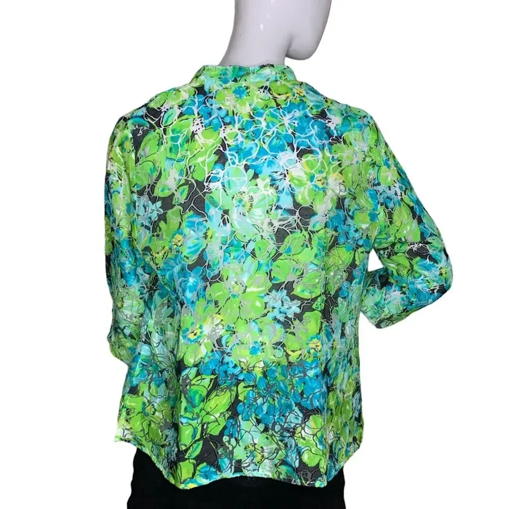 Kim Kim Rogers Petite Button Down Shirt Size LP Green Floral Print